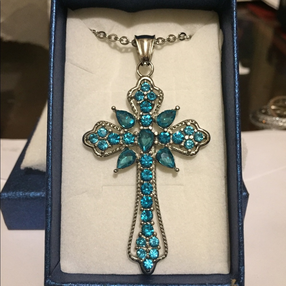 Blue Austrian Crystal Cross Pendant